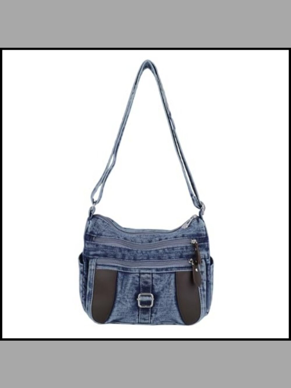Vintage Washed Denim Crossbody Bag Adjustable Strap Multi-Pocket Purse